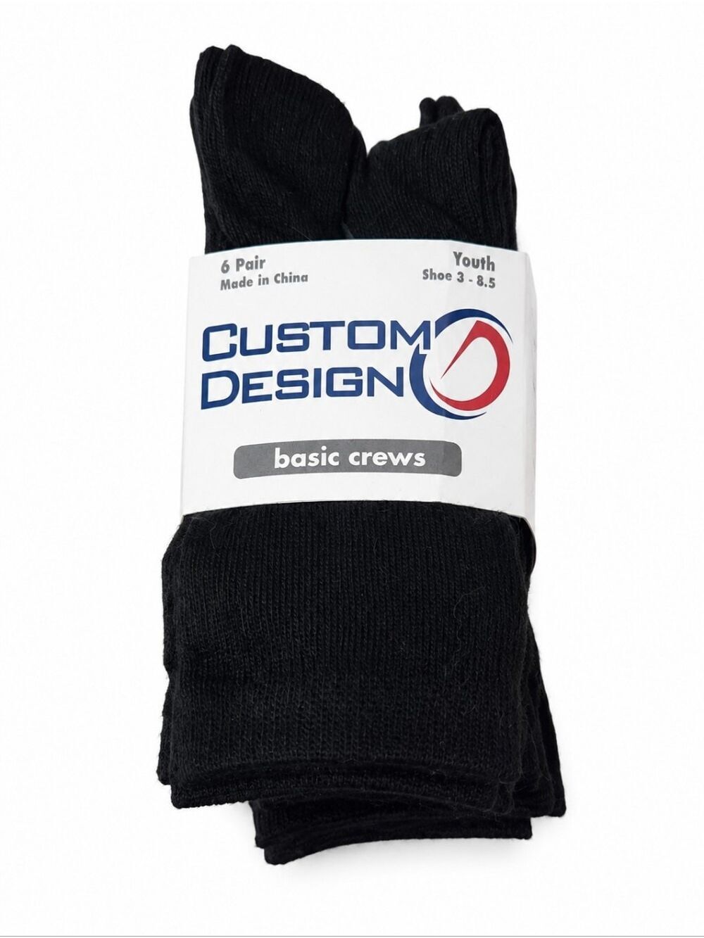 Custom Design Youth Black Crew Socks 6 Pair Pack